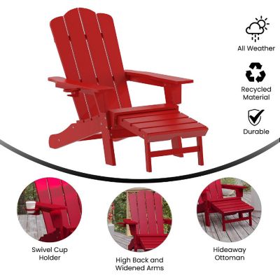 Merrick Lane Nassau Poly Resin Adirondack Chair with Cup Holder and Pull Out Ottoman, All-Weather Poly Resin Indoor/Outdoor Lounge Chair, Red Image 3