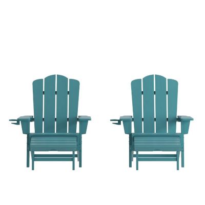 Merrick Lane Nassau Poly Resin Adirondack Chair with Cup Holder and Pull Out Ottoman, All-Weather Poly Resin Indoor/Outdoor Lounge Chair, Set of 2, Blue Image 1