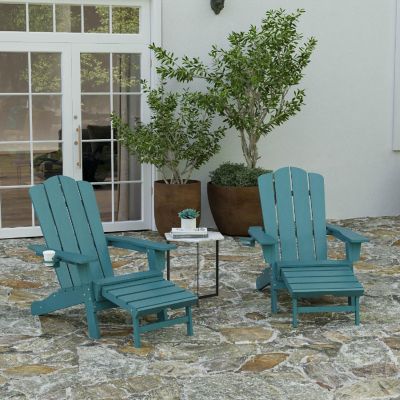 Merrick Lane Nassau Poly Resin Adirondack Chair with Cup Holder and Pull Out Ottoman, All-Weather Poly Resin Indoor/Outdoor Lounge Chair, Set of 2, Blue Image 1