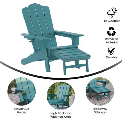 Merrick Lane Nassau Poly Resin Adirondack Chair with Cup Holder and Pull Out Ottoman, All-Weather Poly Resin Indoor/Outdoor Lounge Chair, Set of 2, Blue Image 3