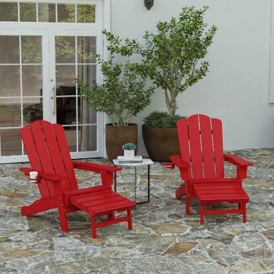 Merrick Lane Nassau Poly Resin Adirondack Chair with Cup Holder and Pull Out Ottoman, All-Weather Poly Resin Indoor/Outdoor Lounge Chair, Set of 2, Red Image 1