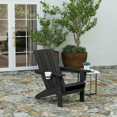 Merrick Lane Ridley Adirondack Chair with Cup Holder, Weather Resistant Poly Resin Adirondack Chair, Black Image 1