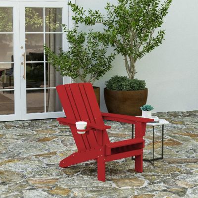 Merrick Lane Ridley Adirondack Chair with Cup Holder, Weather Resistant Poly Resin Adirondack Chair, Red Image 1