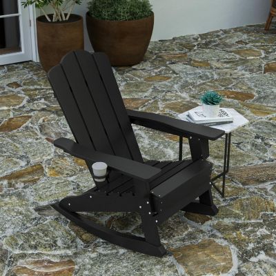 Merrick Lane Ridley Adirondack Rocking Chair with Cup Holder, Weather Resistant Poly Resin Adirondack Rocking Chair, Black Image 1