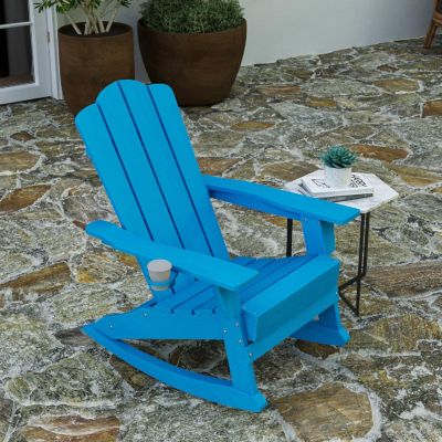 Merrick Lane Ridley Adirondack Rocking Chairs with Cup Holder, Weather Resistant Poly Resin Adirondack Rocking Chairs, Set of 2, Blue Image 2