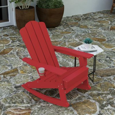 Merrick Lane Ridley Adirondack Rocking Chairs with Cup Holder, Weather Resistant Poly Resin Adirondack Rocking Chairs, Set of 2, Red Image 2