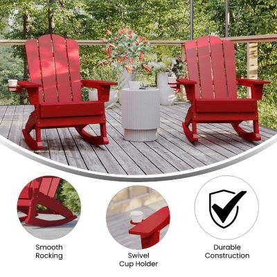 Merrick Lane Ridley Adirondack Rocking Chairs with Cup Holder, Weather Resistant Poly Resin Adirondack Rocking Chairs, Set of 2, Red Image 3