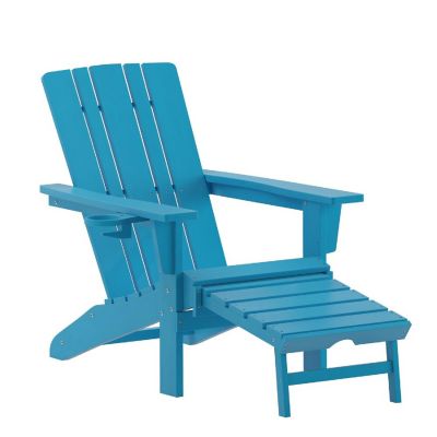 Merrick Lane Ridley Poly Resin Adirondack Chair with Cup Holder and Pull Out Ottoman, All-Weather Poly Resin Indoor/Outdoor Lounge Chair, Blue Image 1