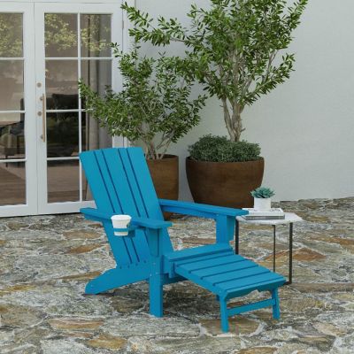 Merrick Lane Ridley Poly Resin Adirondack Chair with Cup Holder and Pull Out Ottoman, All-Weather Poly Resin Indoor/Outdoor Lounge Chair, Blue Image 1