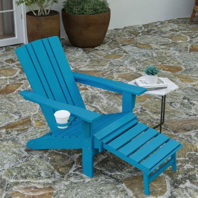 Merrick Lane Ridley Poly Resin Adirondack Chair with Cup Holder and Pull Out Ottoman, All-Weather Poly Resin Indoor/Outdoor Lounge Chair, Blue Image 2