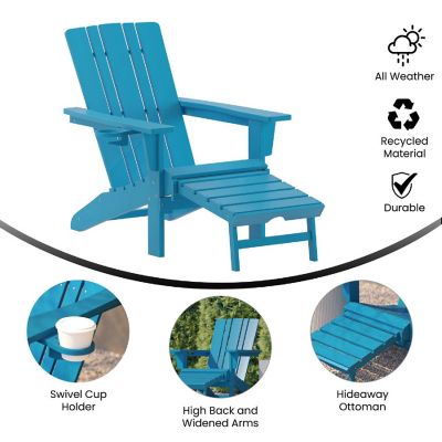 Merrick Lane Ridley Poly Resin Adirondack Chair with Cup Holder and Pull Out Ottoman, All-Weather Poly Resin Indoor/Outdoor Lounge Chair, Blue Image 3