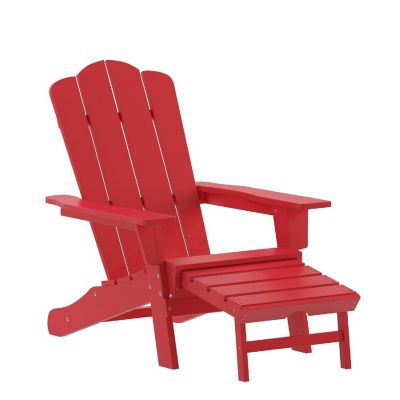 Merrick Lane Ridley Poly Resin Adirondack Chair with Cup Holder and Pull Out Ottoman, All-Weather Poly Resin Indoor/Outdoor Lounge Chair, Red Image 1