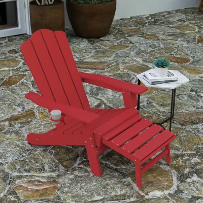 Merrick Lane Ridley Poly Resin Adirondack Chair with Cup Holder and Pull Out Ottoman, All-Weather Poly Resin Indoor/Outdoor Lounge Chair, Red Image 1