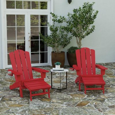 Merrick Lane Ridley Poly Resin Adirondack Chair with Cup Holder and Pull Out Ottoman, All-Weather Poly Resin Indoor/Outdoor Lounge Chair, Red Image 2