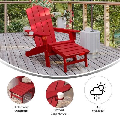 Merrick Lane Ridley Poly Resin Adirondack Chair with Cup Holder and Pull Out Ottoman, All-Weather Poly Resin Indoor/Outdoor Lounge Chair, Red Image 3