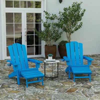 Merrick Lane Ridley Poly Resin Adirondack Chair with Cup Holder and Pull Out Ottoman, All-Weather Poly Resin Indoor/Outdoor Lounge Chair, Set of 2, Blue Image 1