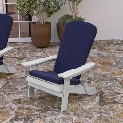 Merrick Lane Riviera Folding Adirondack Chairs with Cushions - White Polyresin Construction - Blue Comfort Foam Cushions - Set of 2 Image 2