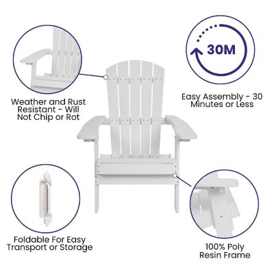 Merrick Lane Riviera Folding Adirondack Chairs with Cushions - White Polyresin Construction - Blue Comfort Foam Cushions - Set of 2 Image 3