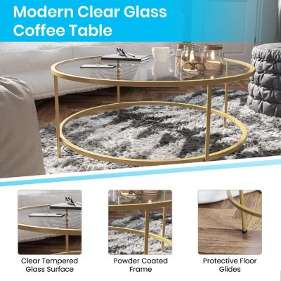 Merrick Lane Round Glass Coffee Table with Round Brushed Gold Frame Image 3