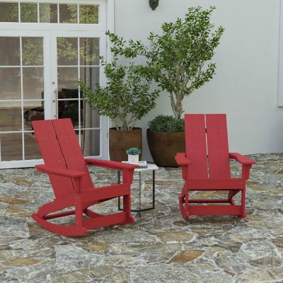 Merrick Lane Wellington Adirondack Rocking Chair - Set of 2 - Red Polyresin - All-Weather - UV Treated - For Indoor and Outdoor Use Image 1