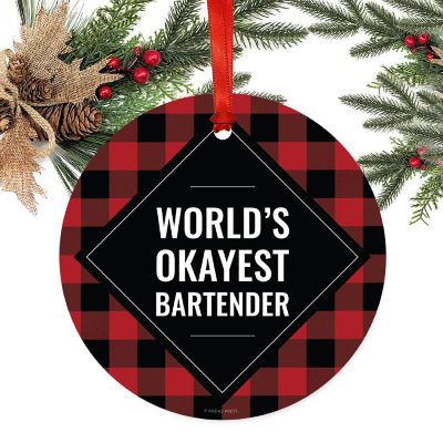 Metal Ornament Bartender Red Black Plaid Image 1