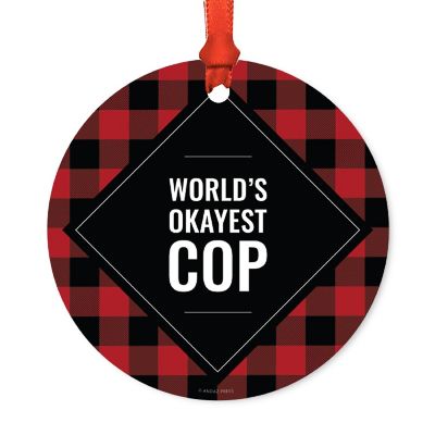 Metal Ornament Cop Red Black Plaid Image 1