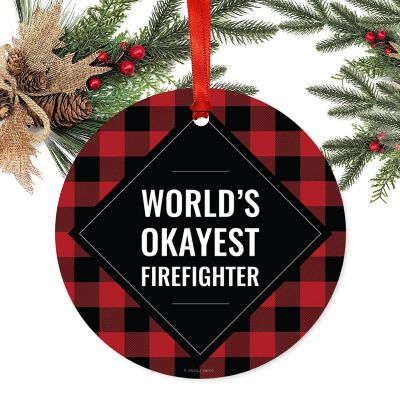 Metal Ornament Firefighter Black Plaid Image 1