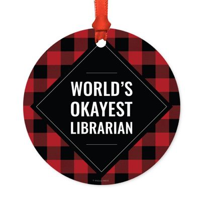 Metal Ornament Librarian Red Black Plaid Image 1