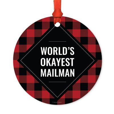 Metal Ornament Mailman Red Black Plaid Image 1