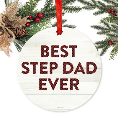 Metal Ornament Step Dad Ever Red Plaid Image 1