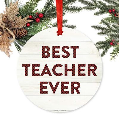Metal Ornament Teacher Ever Red Plaid Image 1