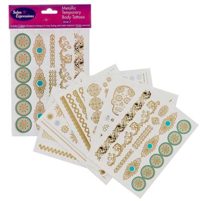 Metallic Temporary Tattoos - Six Sheets of Gold and Silver Bohemian Henna Tattoo (Series 2) Image 1