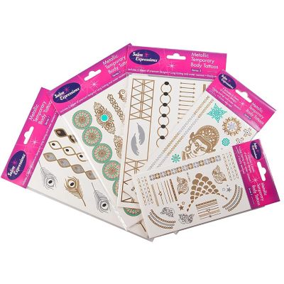 Metallic Temporary Tattoos- Six Sheets of Gold and Silver Long Lasting Fashion Designs (Series 5) Image 1