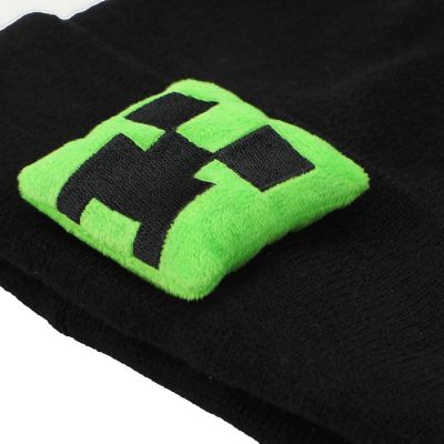 Minecraft Plush Creeper Patch Youth Black Cuff Beanie Image 1