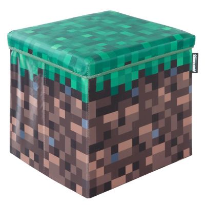 Minecraft Small Ottoman - Pixel Grass Block Collapsible Storage Footrest Box Image 1