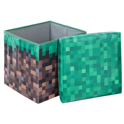Minecraft Small Ottoman - Pixel Grass Block Collapsible Storage Footrest Box Image 1