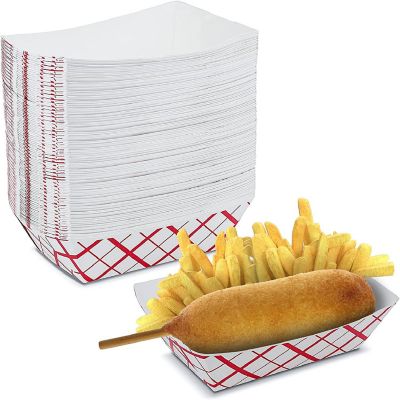 MT Products 2.5 lb Disposable Red and White Paper Food Trays - Pack of 75 Image 1