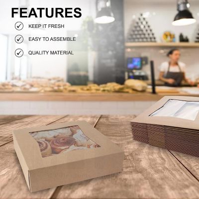 MT Products Cookie Box - 8" x 8" x 2.5" Brown Bakery Boxes with Window - Pack of 15 Image 2