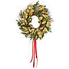 National Tree Company 22" Artificial Boxwood Holiday Christmas Wreath, Decorated with Gold Leaves, Leafy Greens, and Red Ribbons Image 1