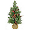 National Tree Company 24" Glistening Pine Small Tree with Pine Cones, Red Berries, and Twigs in a Burlap Base- 15 Warm White LED Lights- Battery Operated with Timer Image 1