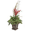 National Tree Company 48" Pre Lit Artificial Shrub, Evergreen, Decorated with Red Berries, Pine Cones, Warm White LED Lights, Includes Stylish Brown Base, Battery Powered Image 1