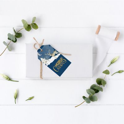 Navy Blue Rustic Deer Christmas Gift Tag Image 1