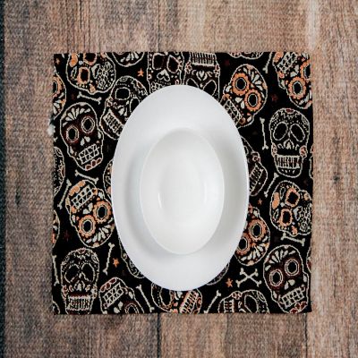 Nidico Halloween Placemats Skulls and Bones on Black with gold.  Set of 4 Image 2