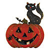 Northlight 14" Lighted Orange and Black Smiling Pumpkin With a Cat and Bats Halloween Tabletop Decor Image 1