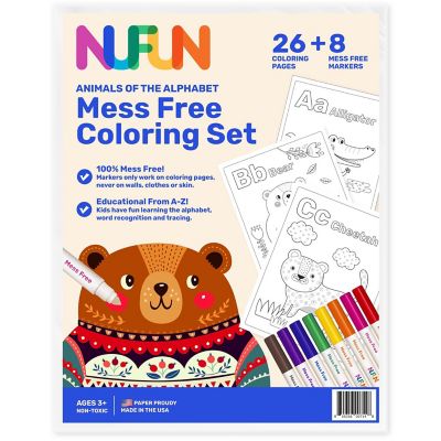 NuFun Activities Animals Of The Alphabet Mess Free Coloring Set - Mess Free Paper 8.5"x11" - (26 Preprinted Pages And 8 Markers) Image 1
