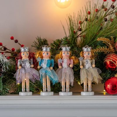Nutcracker Hanging Ornament Figures - Fairy Ballet Dancers Glittered Christmas Mini Wooden Nutcrackers Xmas Tree Ornament Set - 4 Pieces Image 2