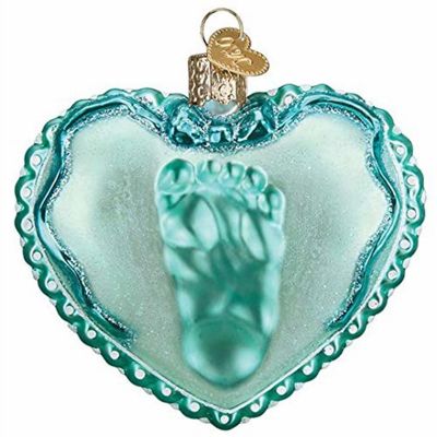 Old World Christmas 30060 Glass Blown Baby Boys Footprint Heart Ornament Image 1