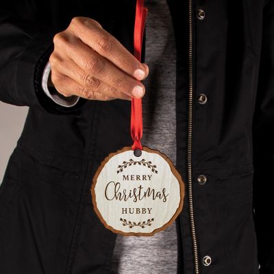 Ornament Engraved Wood Slab Merry Hubby Image 3