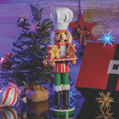 Ornativity Christmas Chef Nutcracker Figure Wooden Chef Hat Nutcracker with Gingerbread Man and House Holiday Decoration Image 2