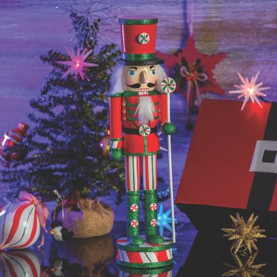 Ornativity Wooden Peppermint Christmas Nutcracker - Red, White and Green Glitter Candy Themed Holiday Nut Cracker Doll Figure Toy Soldier Decorations Image 1